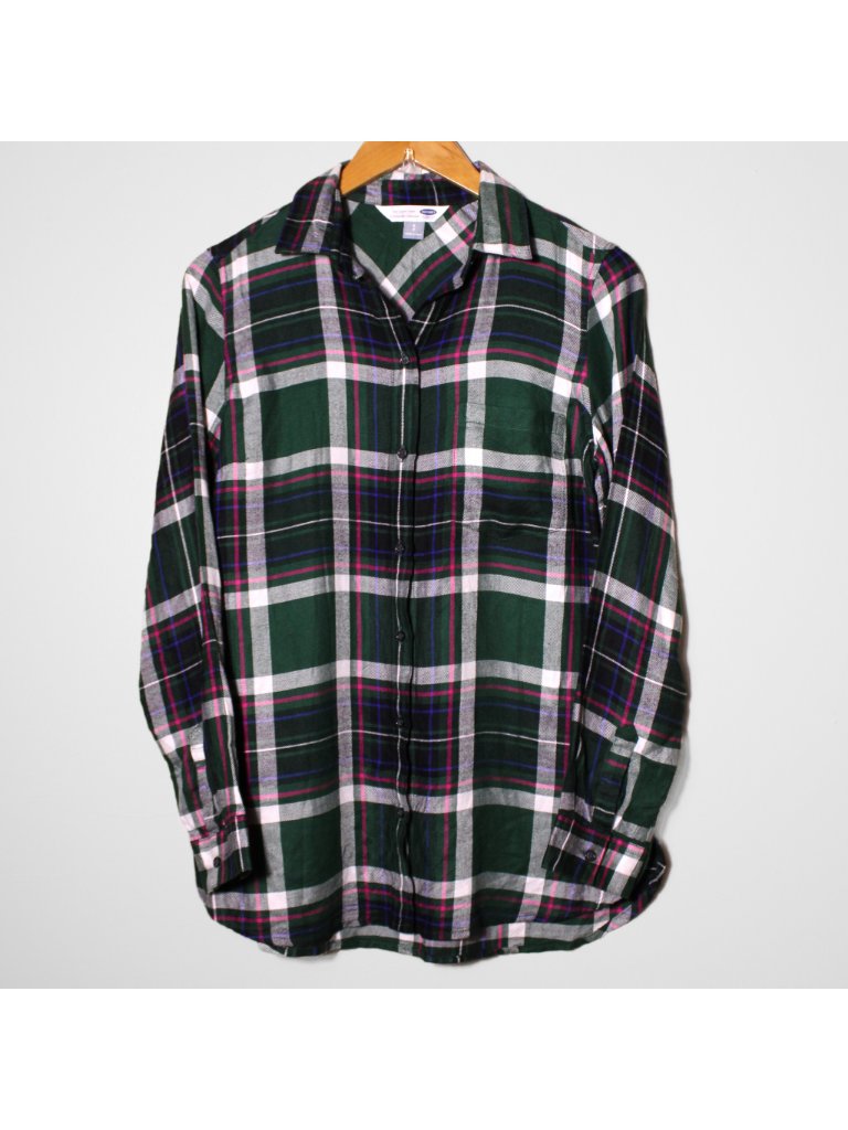 Old Navy Women's Lightweight Long Sleeve Plaid Button Front Top Green Size S